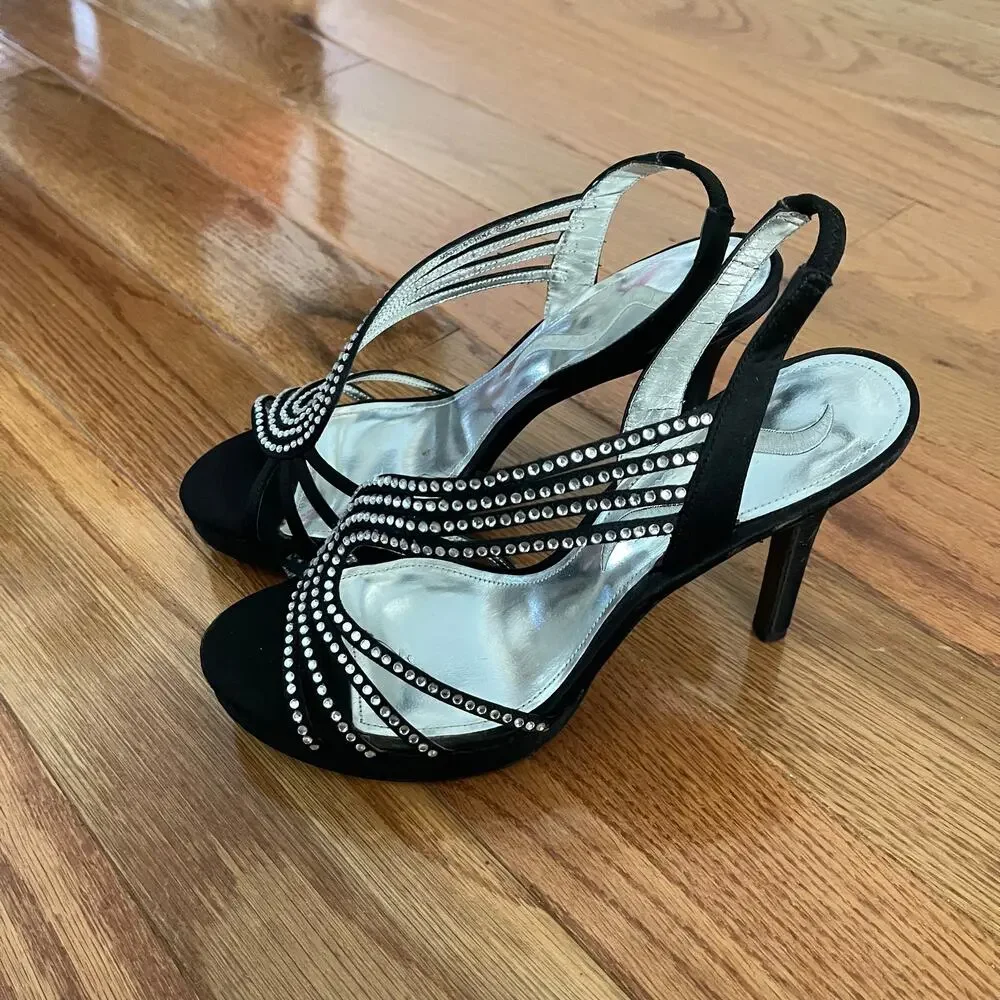 Touch of Nina Genassi LS Rhinestone Slingback Heels Black Satin Peep Toe 6.5 M